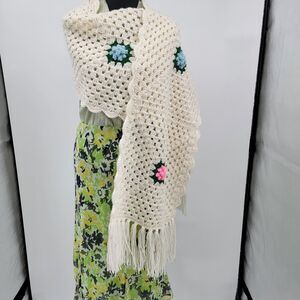Granny Square Floral Spring Easter Scalloped Fringed Crochet Shawl Apx.75"x15"